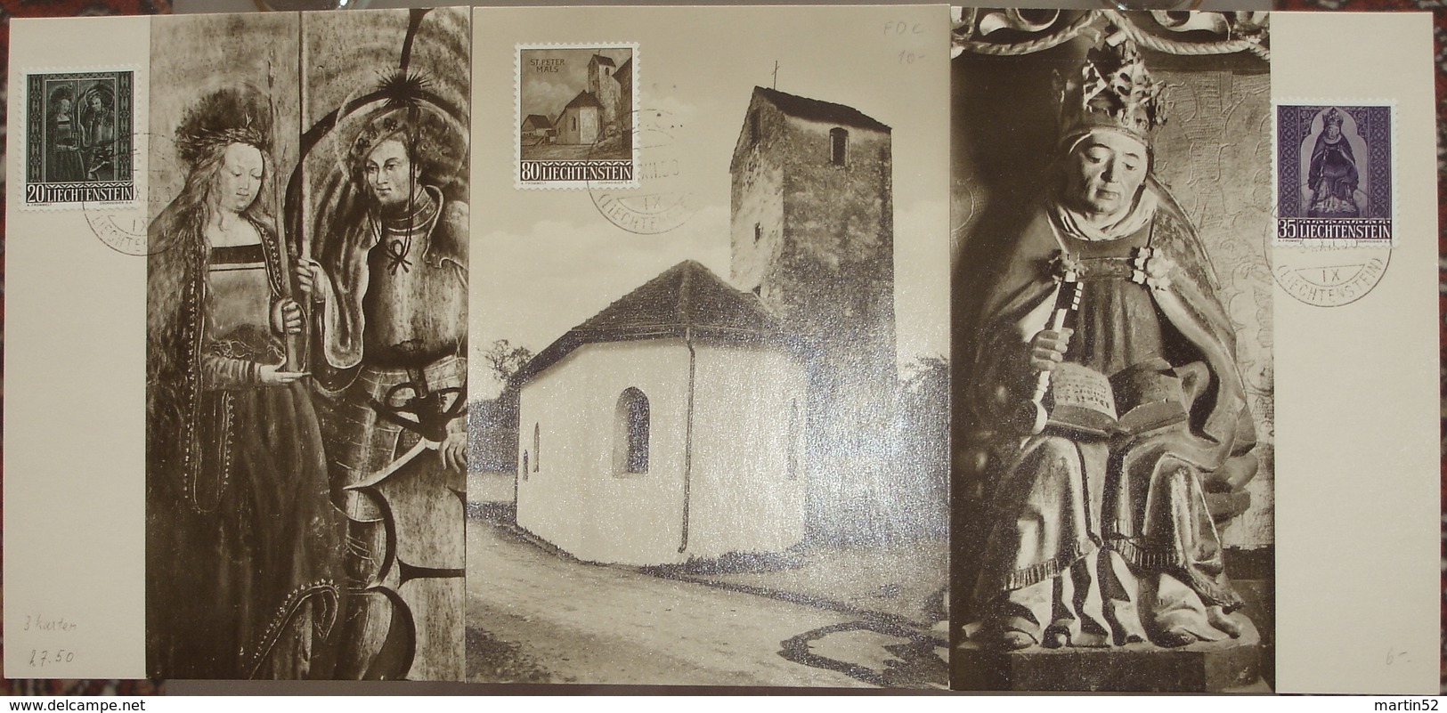 LIECHTENSTEIN 1958: Kapelle St.Peter Hl. Moritz & Agatha Zu 318-320 Mi 374-6 Yv 336-8 MK-Set Jeu CM ⊙ BALZERS 31.XII.58 - Maximumkarten (MC)