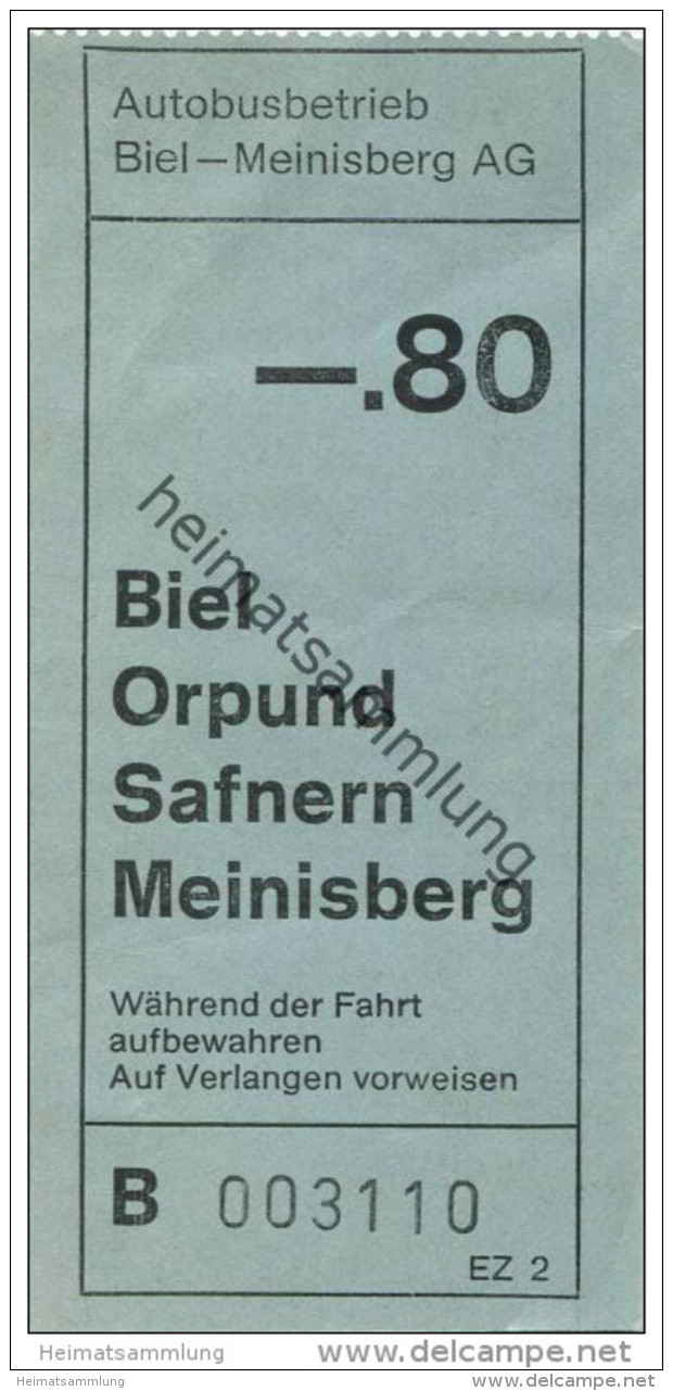 Schweiz - Biel - Autobusbetrieb Biel-Meinisberg AG - Fahrschein Fr. -.80 - Europa