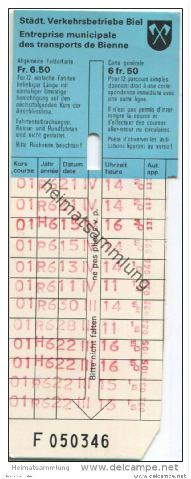 Schweiz - Biel - Biel - Städtische Verkehrsbetriebe Biel - Fahrschein Fr. 6.50 Für 12 Einfache Fahrten - Europe