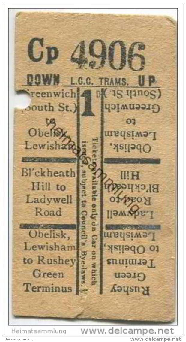 Grossbritannien - London - London County Council Tramways L.C.C. Trams - Ticket - Fahrschein - Europa