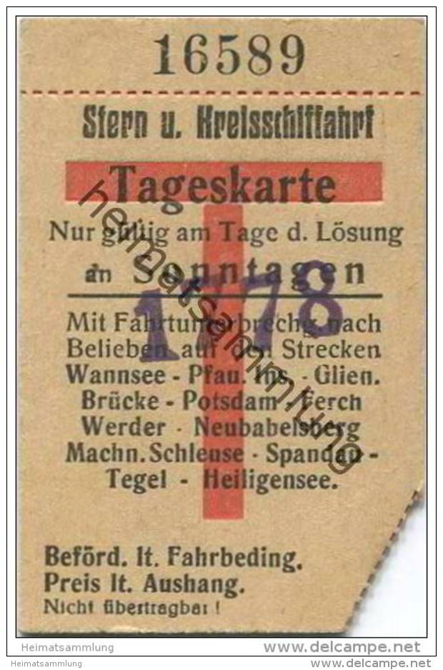 Deutschland - Berlin - Stern Und Kreisschiffahrt - Tageskarte An Sonntagen 30er Jahre - Fahrkarte Ticket - Europe
