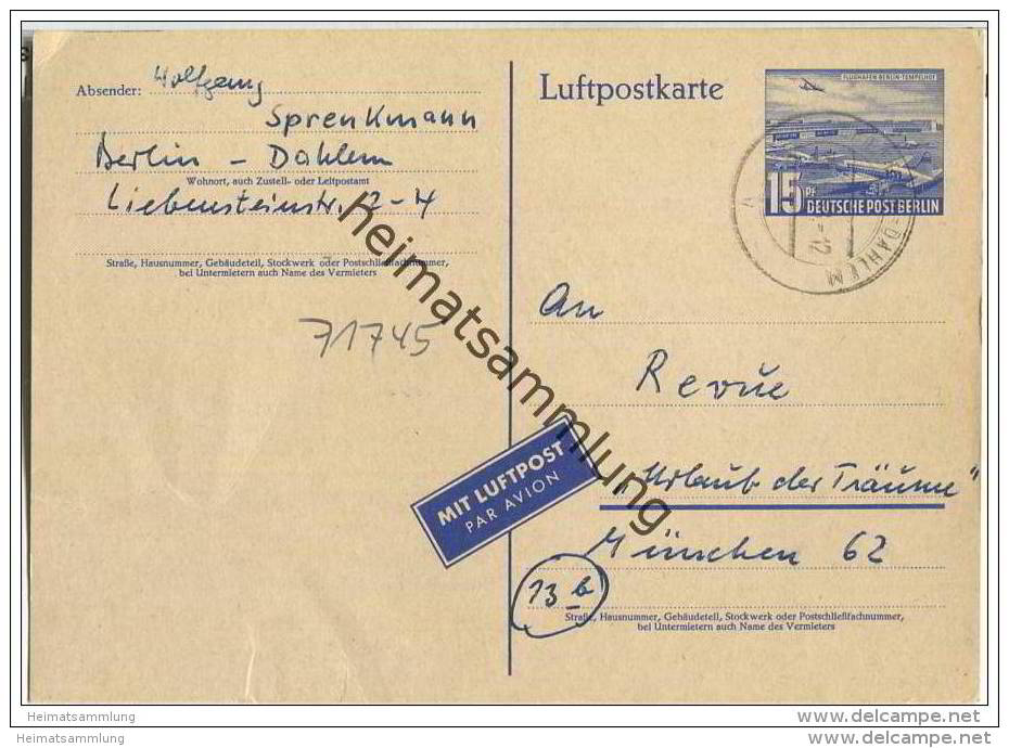 Postkarte Berlin P 16 B Luftpost - Am 31.5.1958 Von Berlin Nach München Gelaufen - Preisausschreiben - Postkaarten - Gebruikt