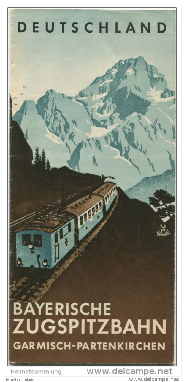 Bayrische Zugspitzbahn - 30er Jahre - Faltblatt Mit 14 Abbildungen - Titelbild Signiert Henel - 2 Reliefkarten - Bayern