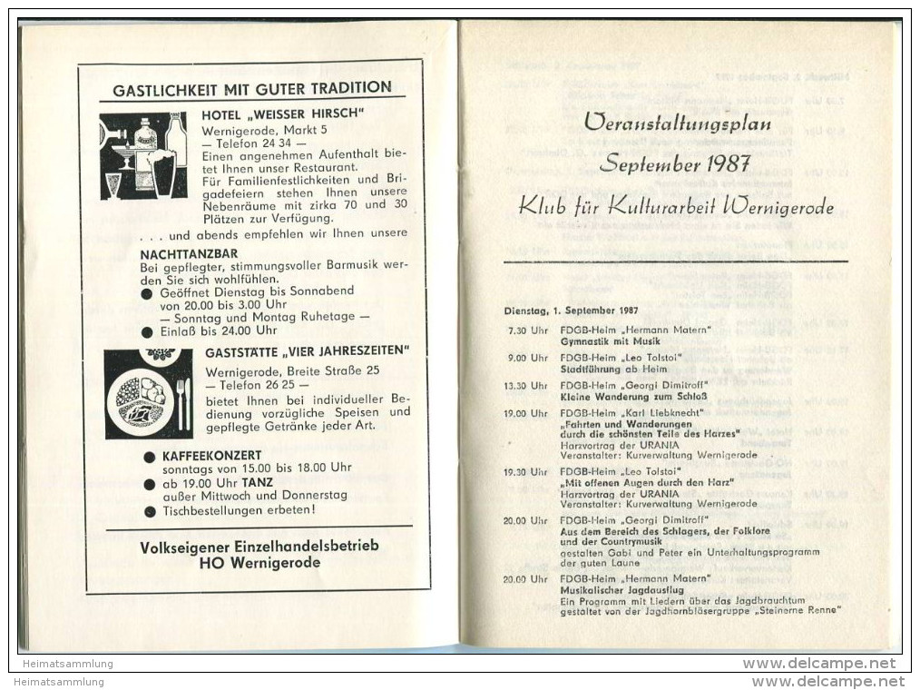 Wernigerode 1987 - 50 Seiten - Chronik - Veranstaltungsplan Sept. 1987 - Fahrplan Der Harzquerbahn - Saxe-Anhalt