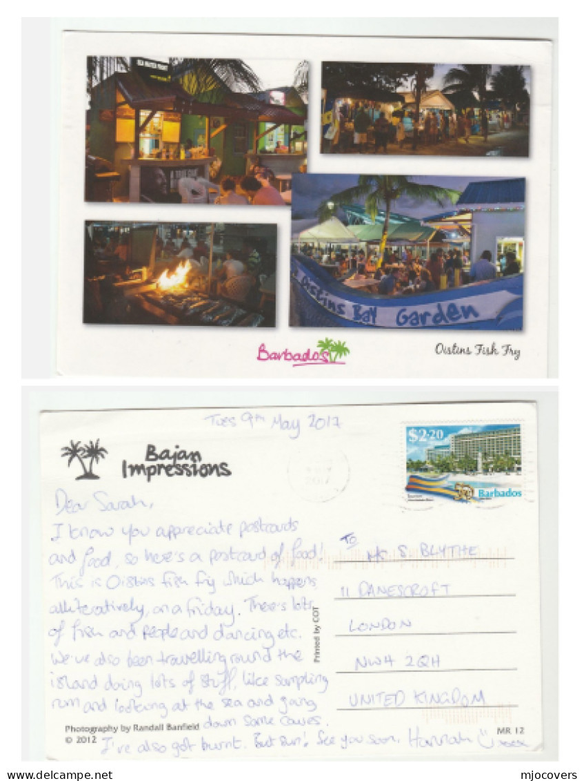 2012 BARBADOS Postcard Oistins Bay Garden Fish Fry To GB Cover 2.20 Hilton HOTEL Stamps - Hotels & Restaurants