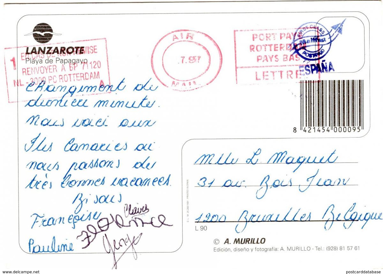 Lanzarote - Playa De Papagayo - Port Paye Rotterdam Pays Bas - Mailfast - Eilbriefmarken