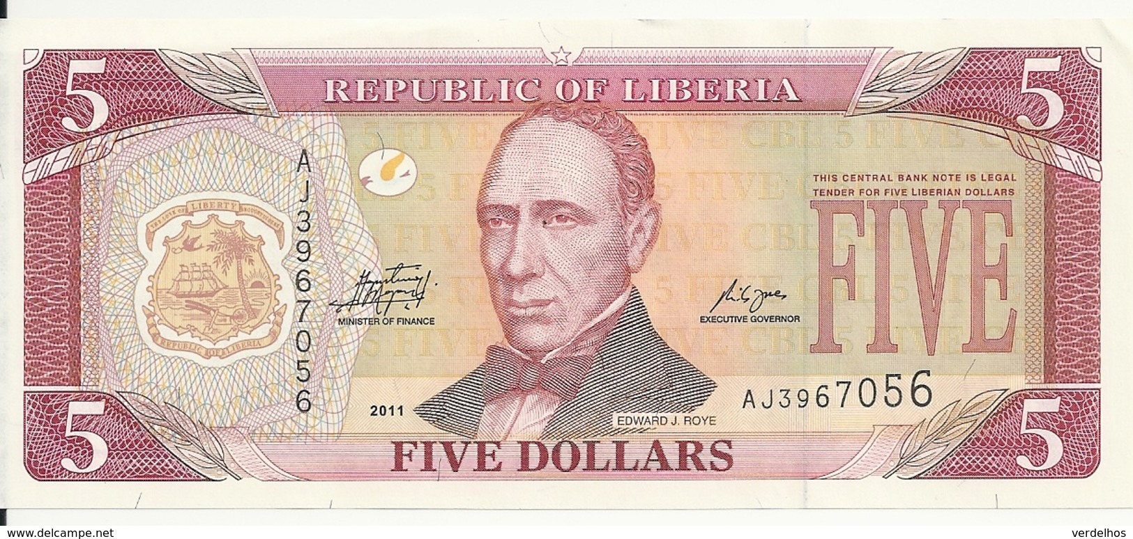 LIBERIA 5 DOLLARS 2011 AUNC P 26 - Liberia