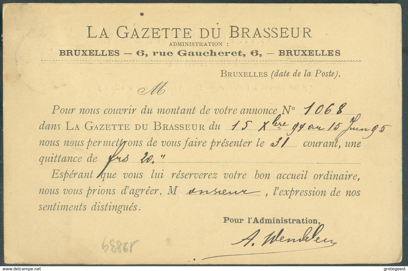 BELGIUM Carte Affr. 5 Centimes Obl. Sc BRUXELLES (NORD) 1  Du 14 Janvier 1895 Vers Jumet - Verso : Repiquage LA GAZETTE - Cervezas