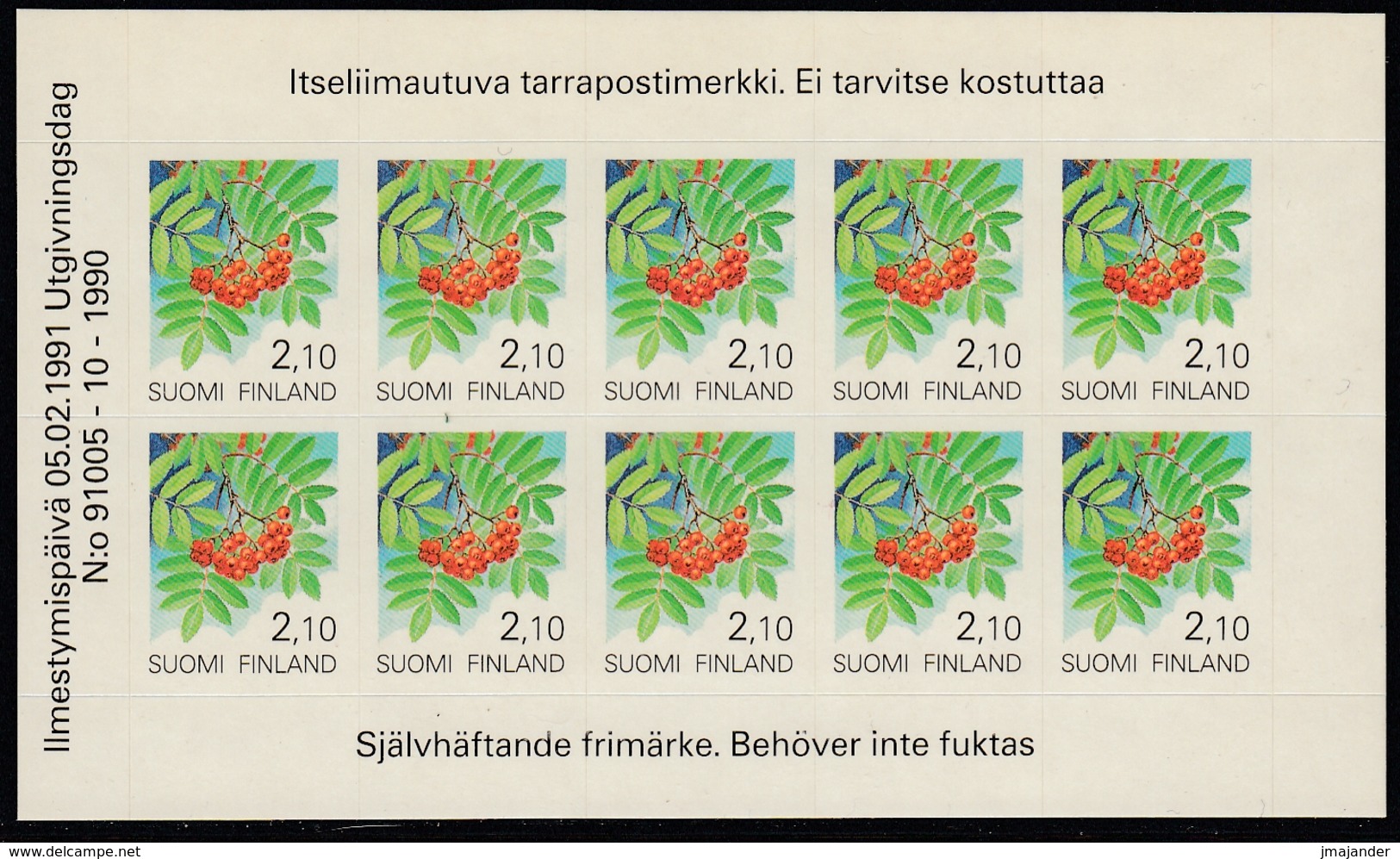 Finland 1991 - Definitive Self-adhesive Stamp Sheet - Flora, Rowan - Mi 1129 ** MNH - Hojas Bloque