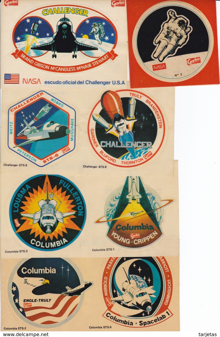 COLECCION COMPLETA DE 8 ADHESIVOS DE LOS ESCUDOS OFICIALES DE LA NASA - COLUMBIA - CHALLENGER - GARBO - Adesivi