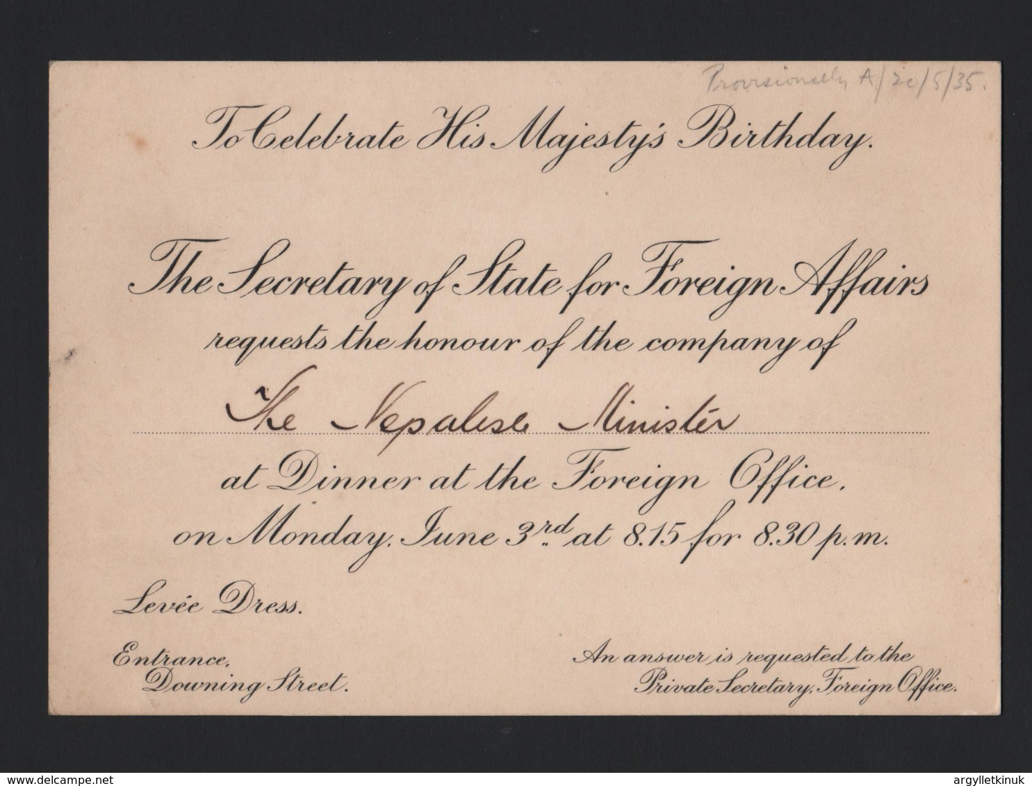 FOREIGN OFFICE KING GEORGE FIFTH BIRTHDAY ANTHONY EDEN NEPAL 1935 - Tickets - Vouchers