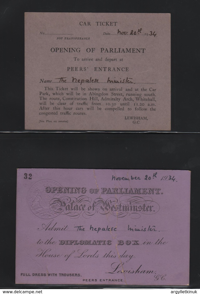 OPENING PARLIAMENT 1934 PALACE OF ESTMINSTER NEPAL 1934 - Tickets - Vouchers