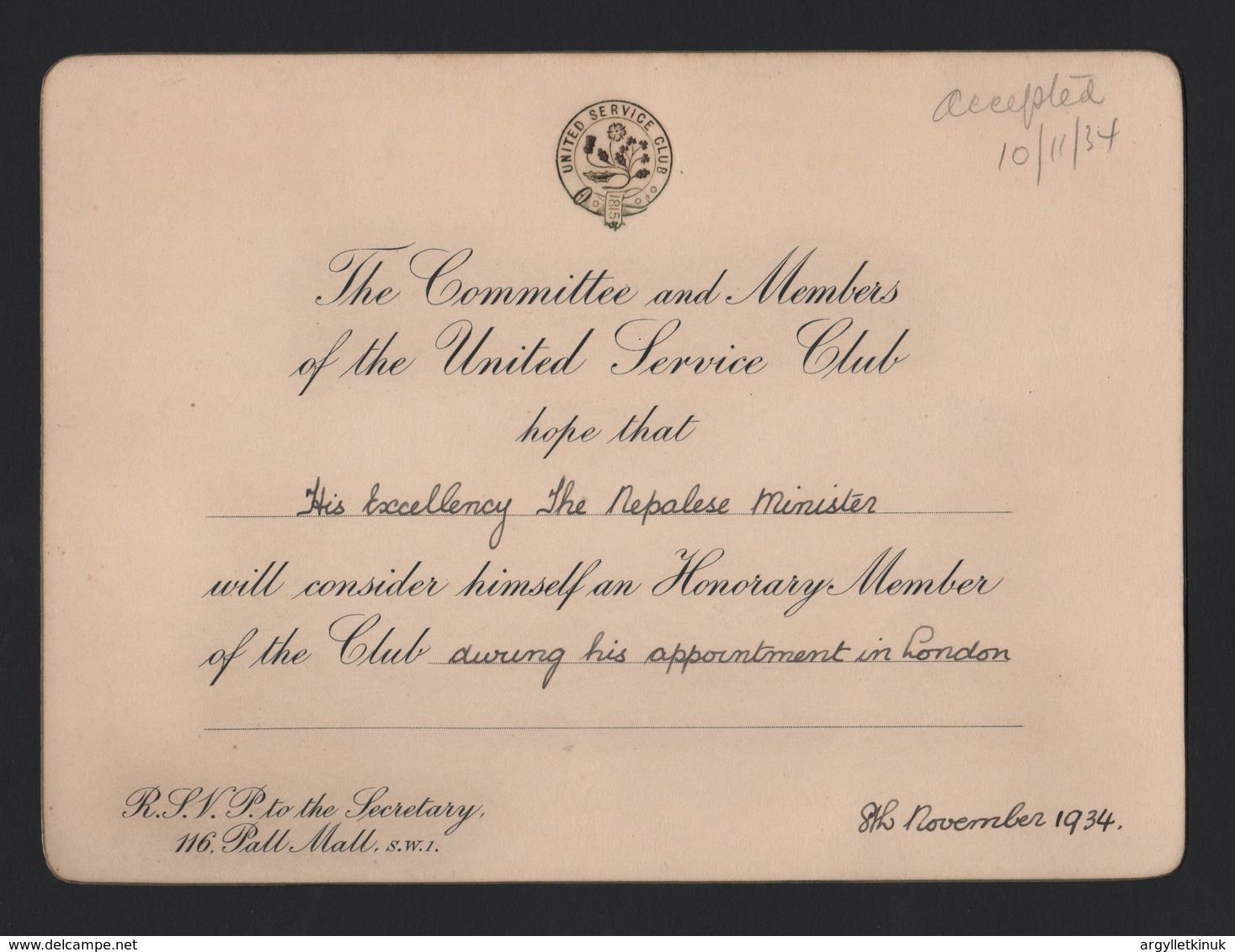 UNITED SERVICES CLUB PALL MALL NEPAL 1934 - Tickets - Vouchers