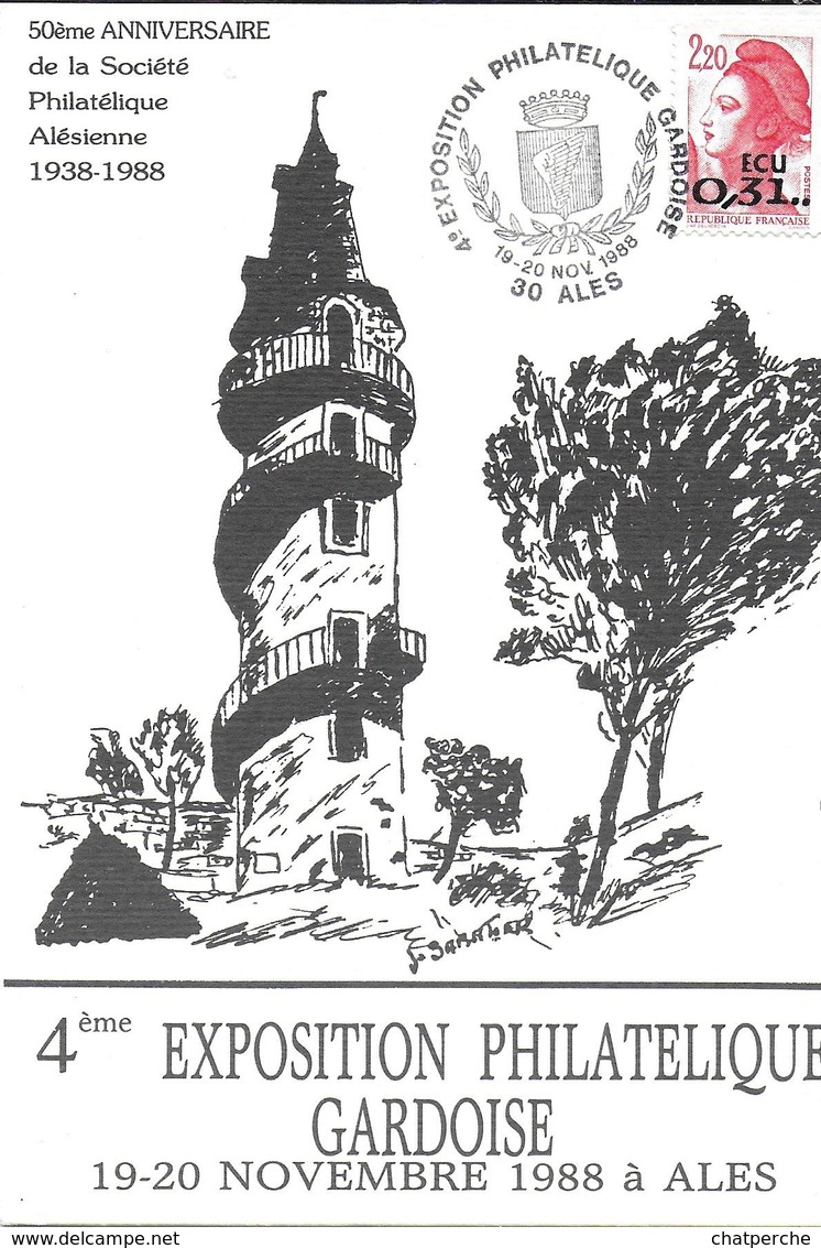 4 EME EXPOSITION PHILATELIQUE GARDOISE 1988 ALES GARD 30  TOUR POUGET CACHET POSTAL TP SURCHARGE EN ECU - Expositions