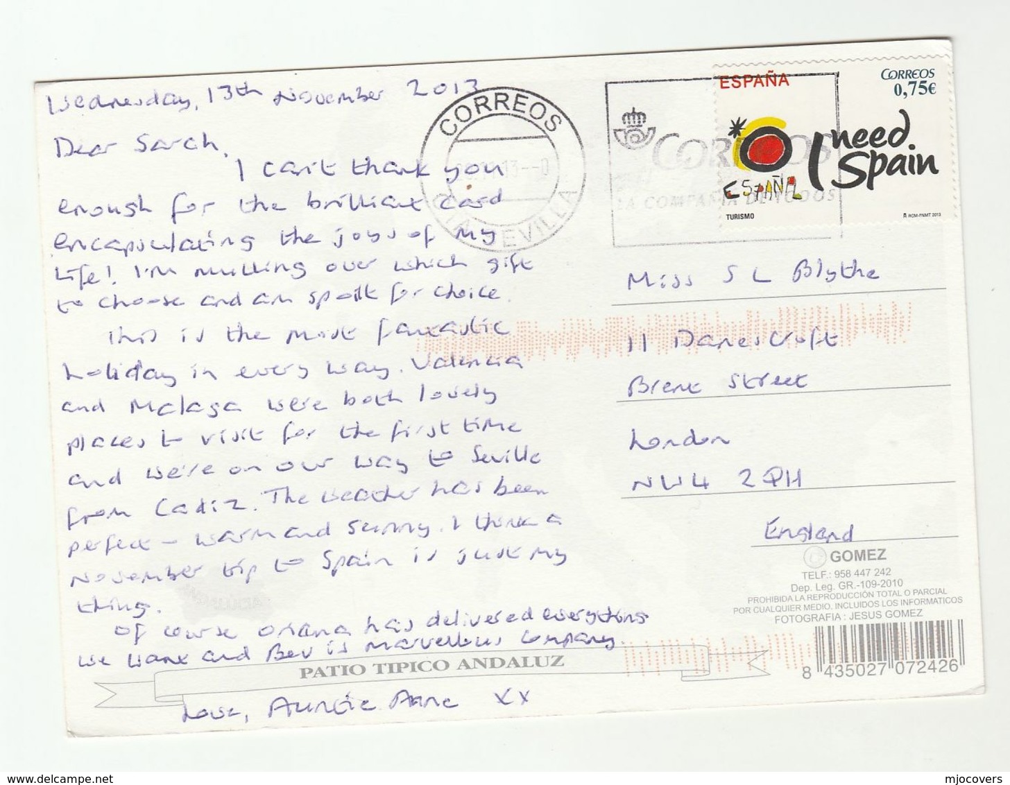 2013 SPAIN COVER Stamps I NEED SPAIN   (postcard Pation Tipico Andaluz)  To GB - Brieven En Documenten