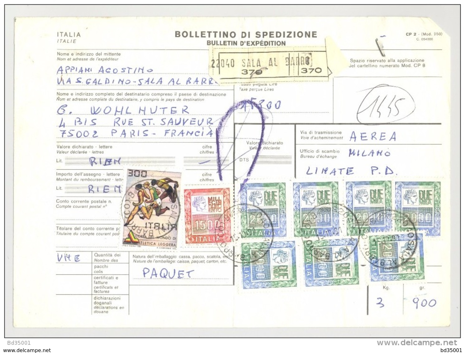 Bulletin D'Expédition - Italie- Cachets Et Vignette SALA AL BARRO - 1981 - Timbres-Poste ITALIA - Colis-postaux