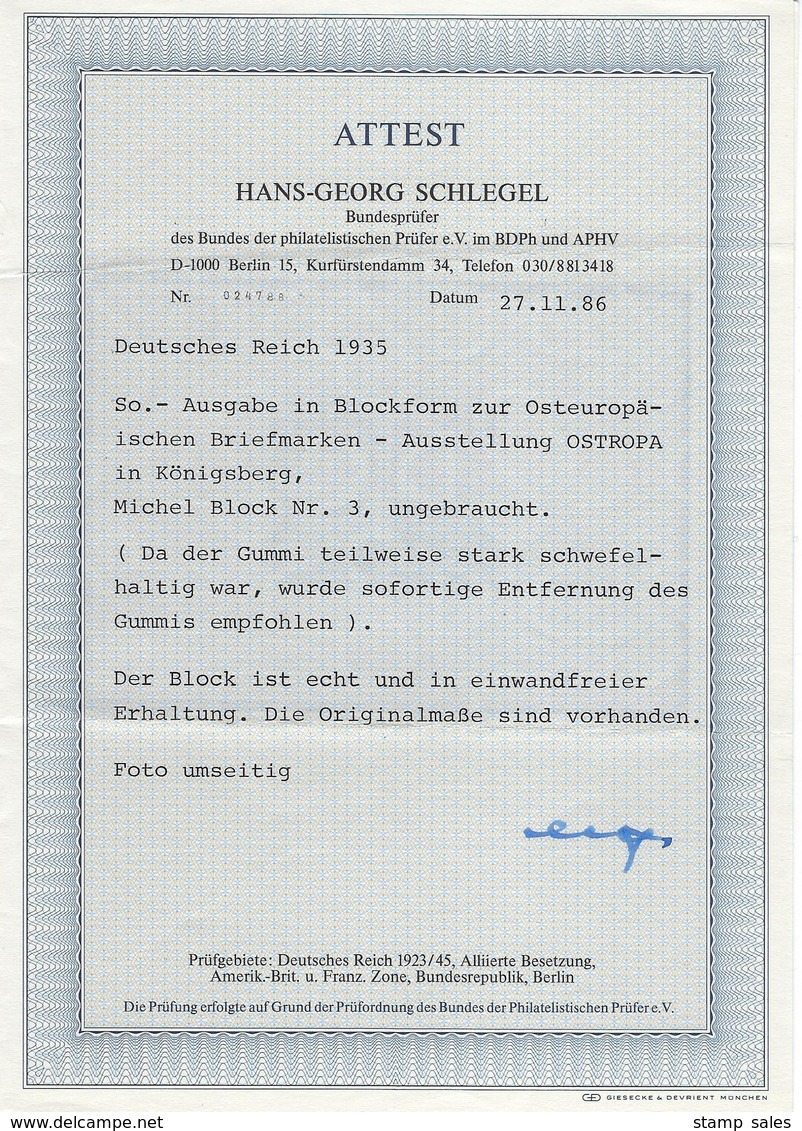 N°BL3 (*) ONGESTEMPELD Certificaat Hans-Georg Schlegel SUPERBE - Blocks & Kleinbögen