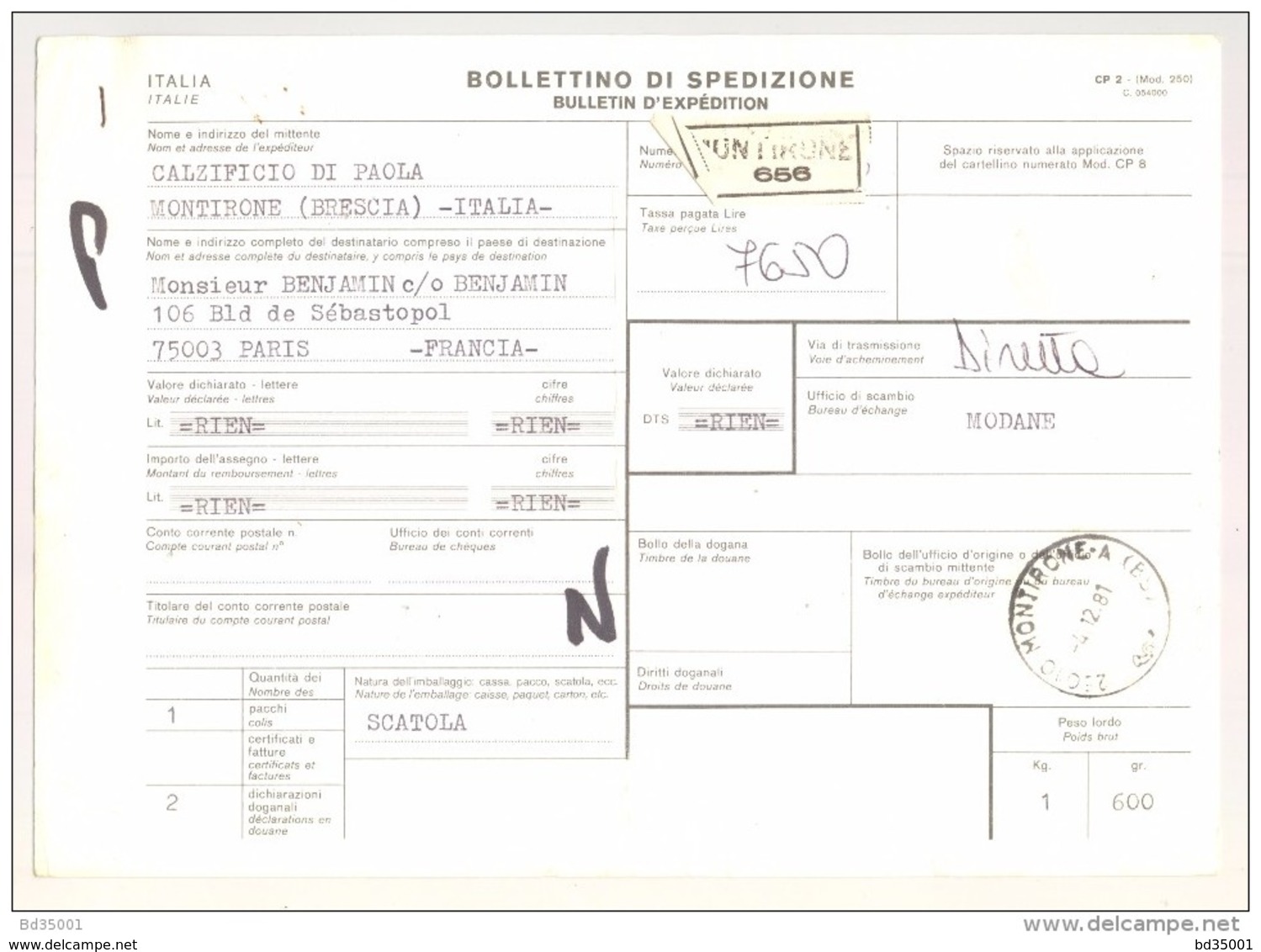 Bulletin D'Expédition - Italie - Cachets Et Vignette MONTIRONE - 1981 - Timbres-Poste ITALIA - Colis-postaux