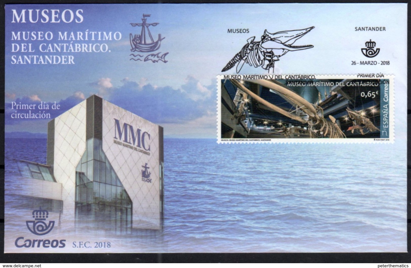 SPAIN, 2018, MUSEUMS,  MARITIME MUSEUM, WHALES, WHALE SKELETON, 1v ON FDC - Other & Unclassified
