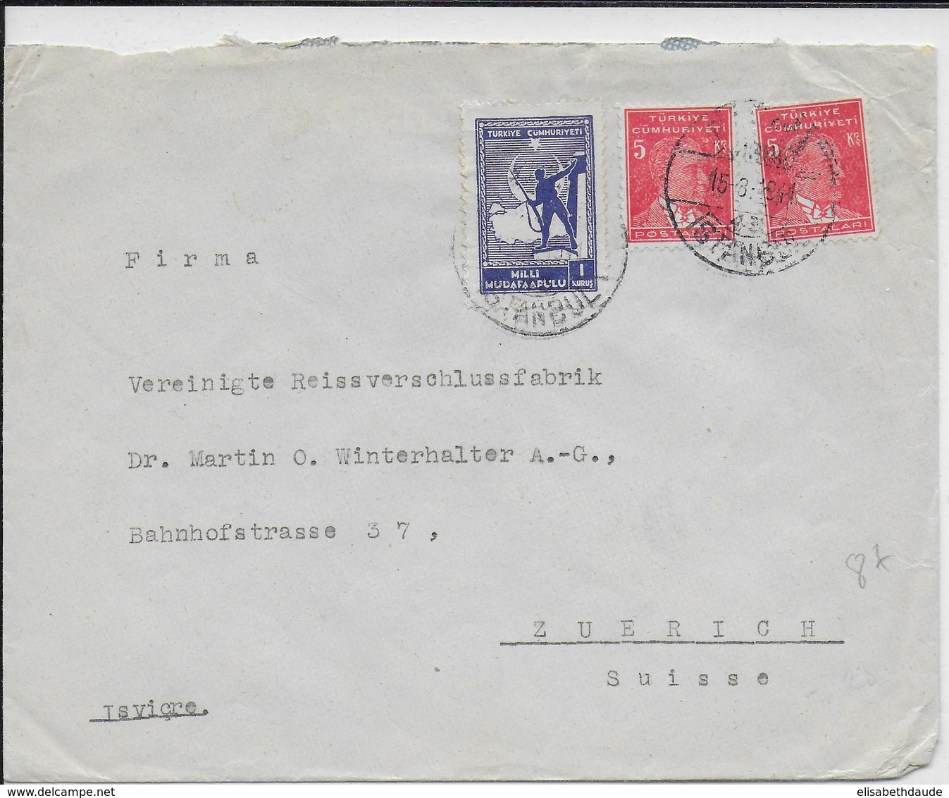 TURQUIE - 1941 - ENVELOPPE De ISTANBUL => ZÜRICH (SUISSE) - Lettres & Documents