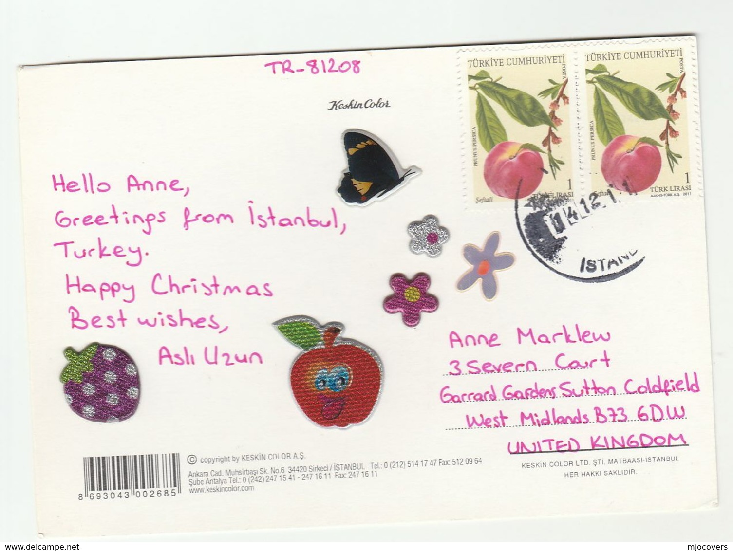 2012 TURKEY COVER Multi FRUIT Stamps With Embossed Labels Fruit Butterfly Insect  (postcard Christmas) - Fruits