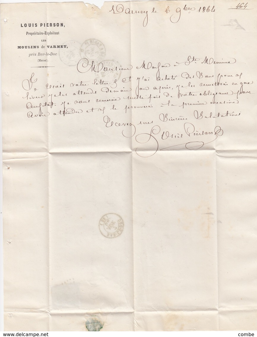 LETTRE.  9 NOV 64. MEUSE BAR-LE-DUC . GC 305.  BOÎTE RURALE A =  LES-MOULINS-DE-VARNEY  / 3 - 1801-1848: Précurseurs XIX