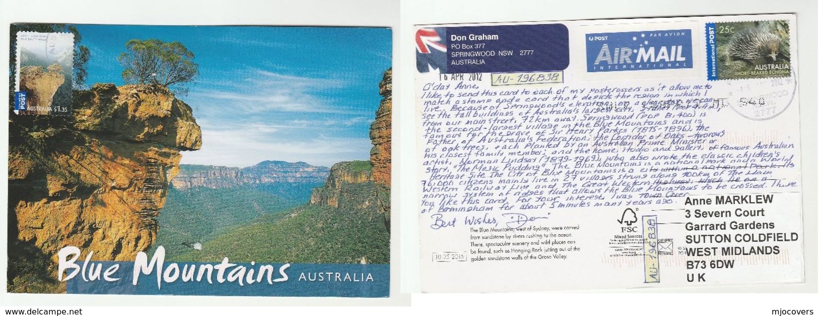 AUSTRALIA Postcard  STAMPS ON BOTH SIDES  $1.35 Grose River Gorge 25c Ehidna Cover Mountain - Covers & Documents