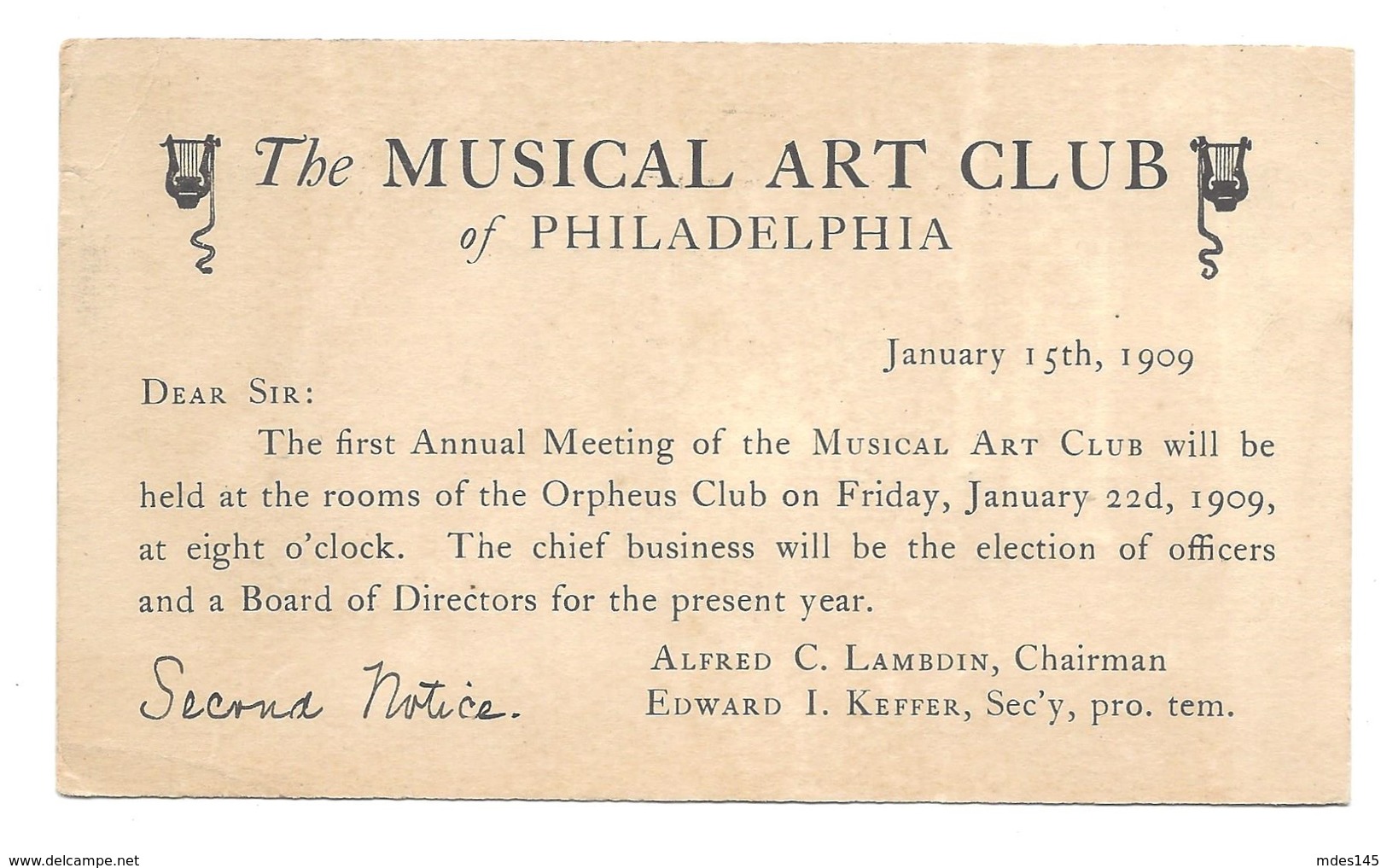 UX19 Musical Art Club Meeting Notice 1909 Philadelphia PA Machine Cancel Postal Card - Postal History