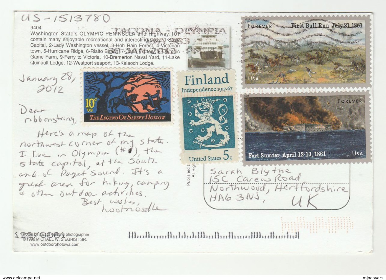 2012 USA COVER Stamps BURNING OF FORT SUMTER FOREVER , HORSES BULL RUN  To GB (postcard Olympic Peninsular) Horse Fire - Covers & Documents
