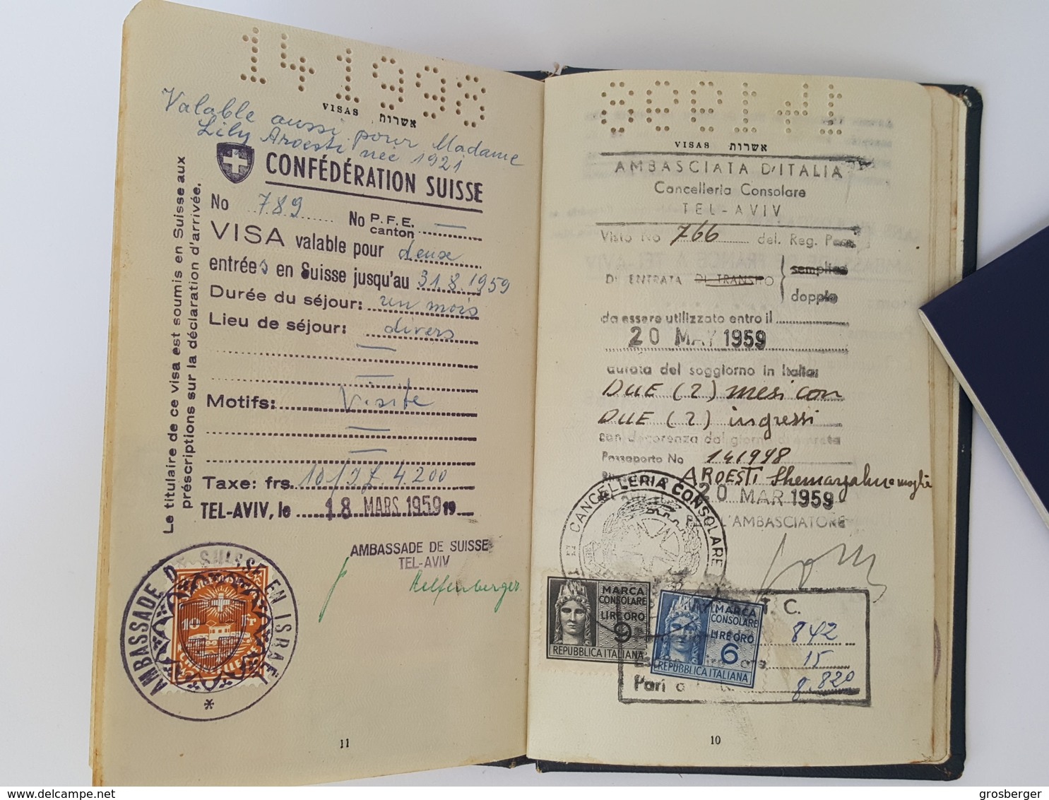 Judaica Jewish Couple Israel Travel Document Passport Reisepass Visa's 1958 Judaika - Historical Documents