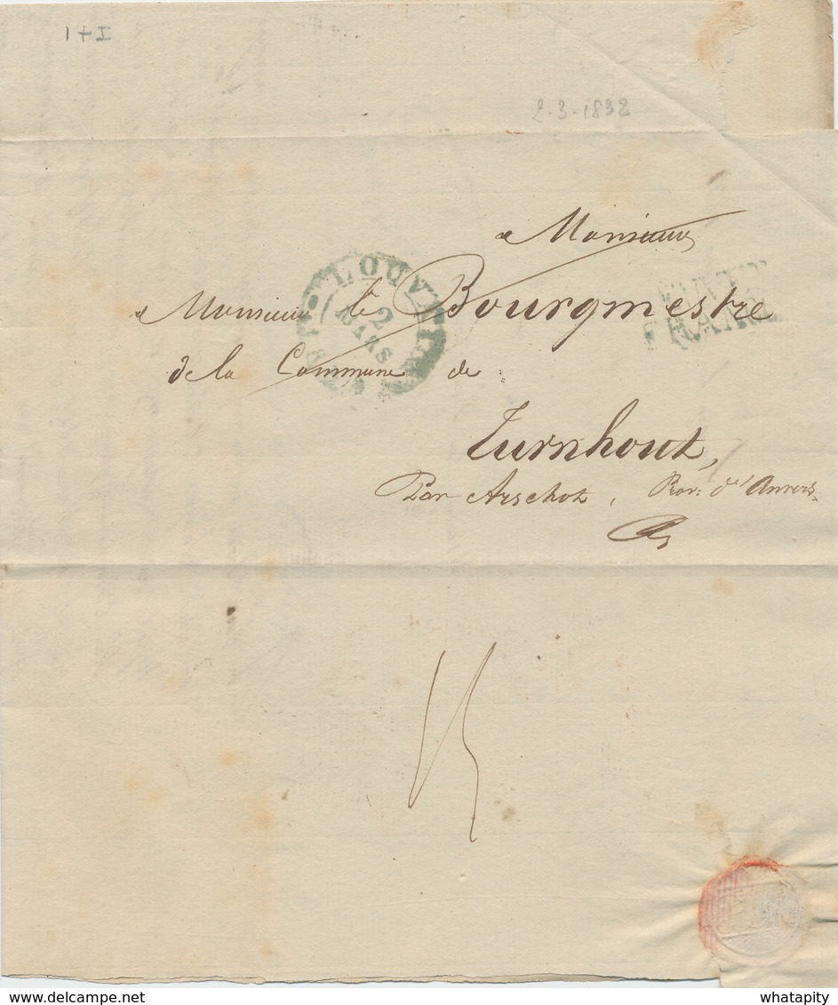 ZZ799 - Lettre Précurseur LOUVAIN 1832 + LEUVEN FRANCO , Tous Deux En Bleu , Vers TURNHOUT - Poste Militaire - 1830-1849 (Belgique Indépendante)