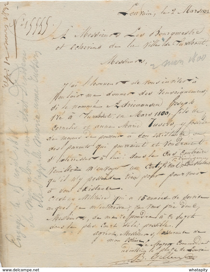 ZZ799 - Lettre Précurseur LOUVAIN 1832 + LEUVEN FRANCO , Tous Deux En Bleu , Vers TURNHOUT - Poste Militaire - 1830-1849 (Belgique Indépendante)