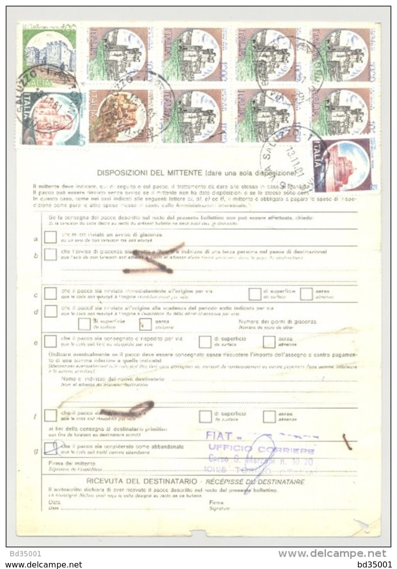Bulletin D'Expédition - Italie - Cachets Et Vignette TORINO - 1981 - Griffe RIEN - Tampon FIAT UFFICIO CORRIERE - Colis-postaux