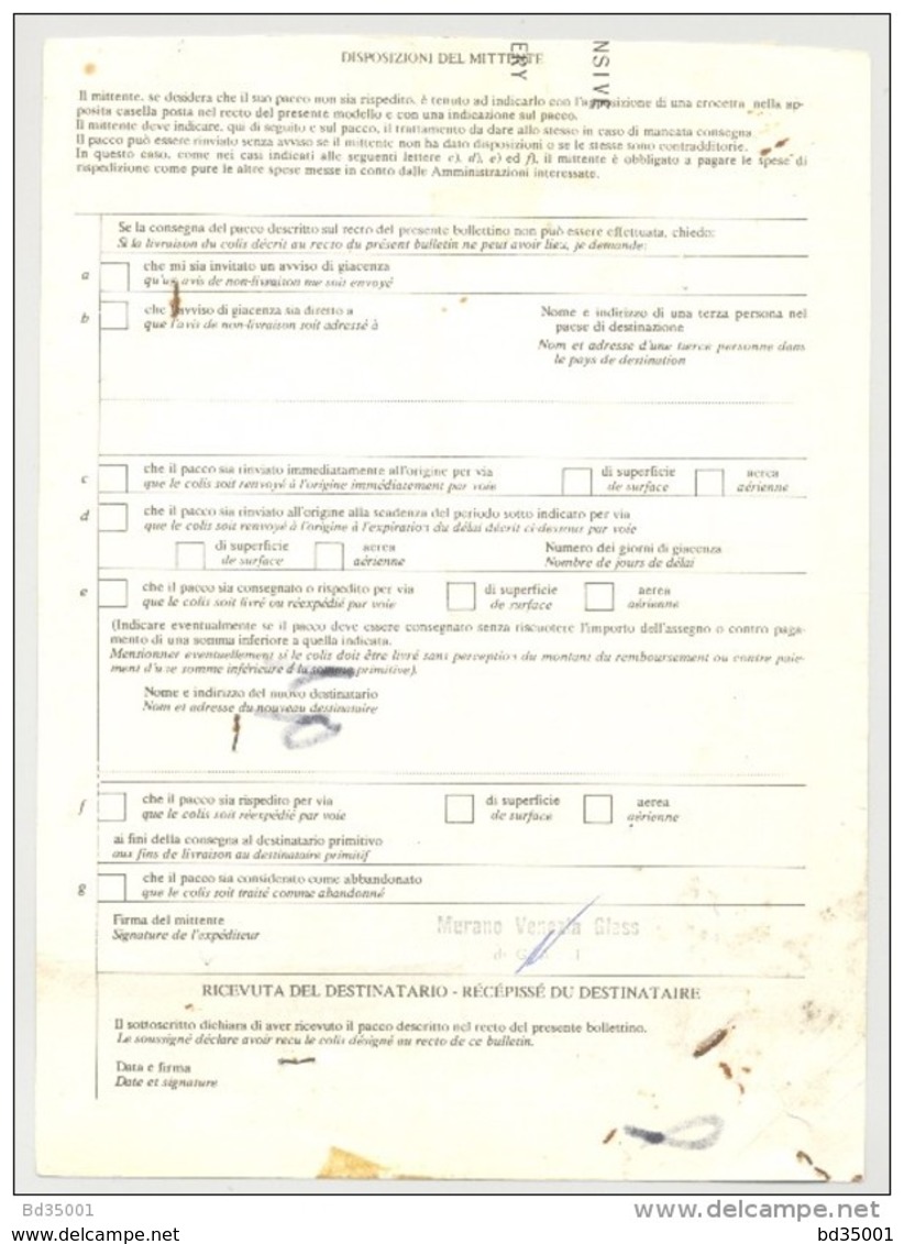 Bulletin D'Expédition - Italie - Cachets Et Vignette MURANO - 1981 - Griffe MODANE STAZIONE Et 4.14.12 - Colis-postaux