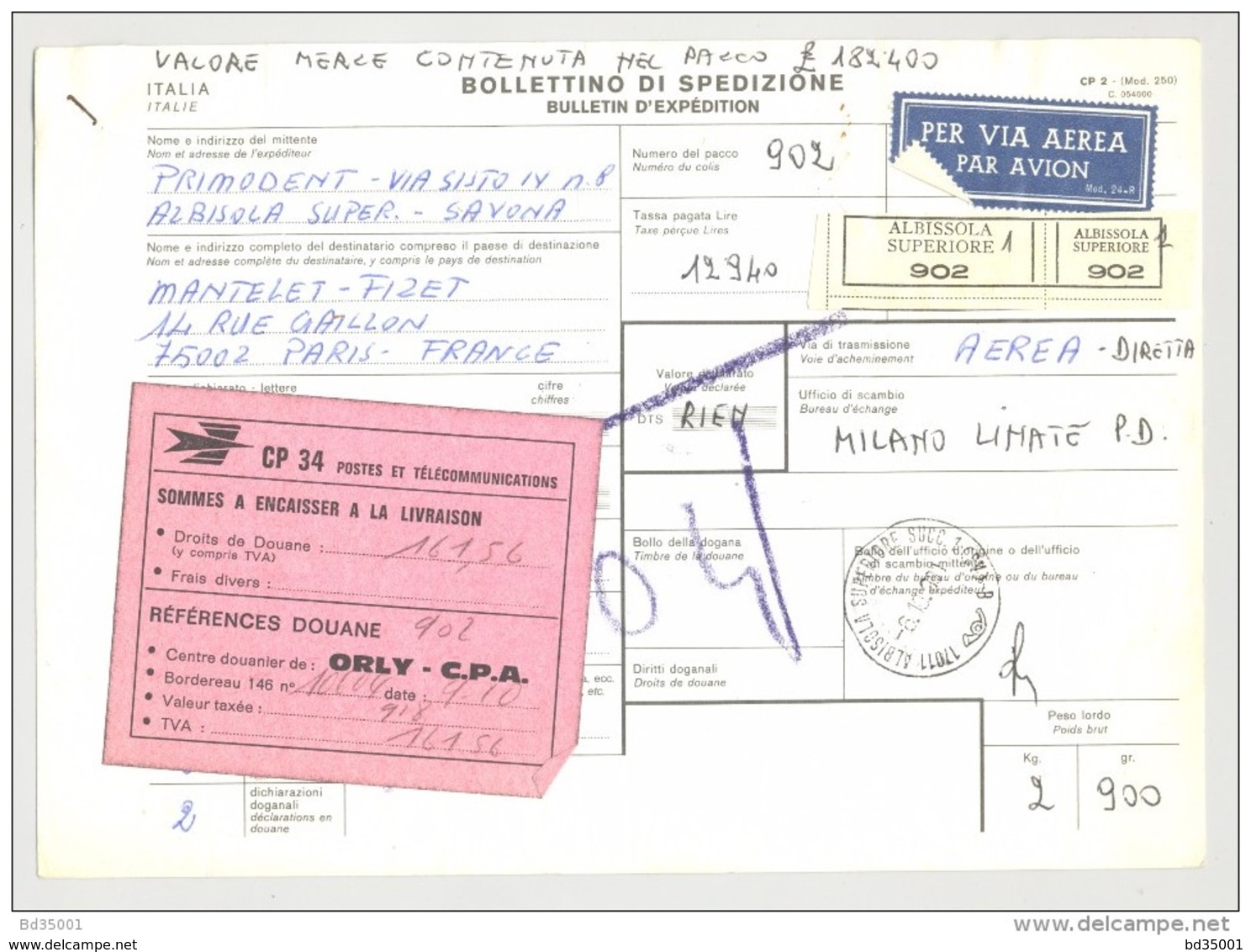 Bulletin D'Expédition - Italie - Cachets ALBISSOLA SUPERIORE  - 1981 - Vignette CP 34 Douane - Colis-postaux