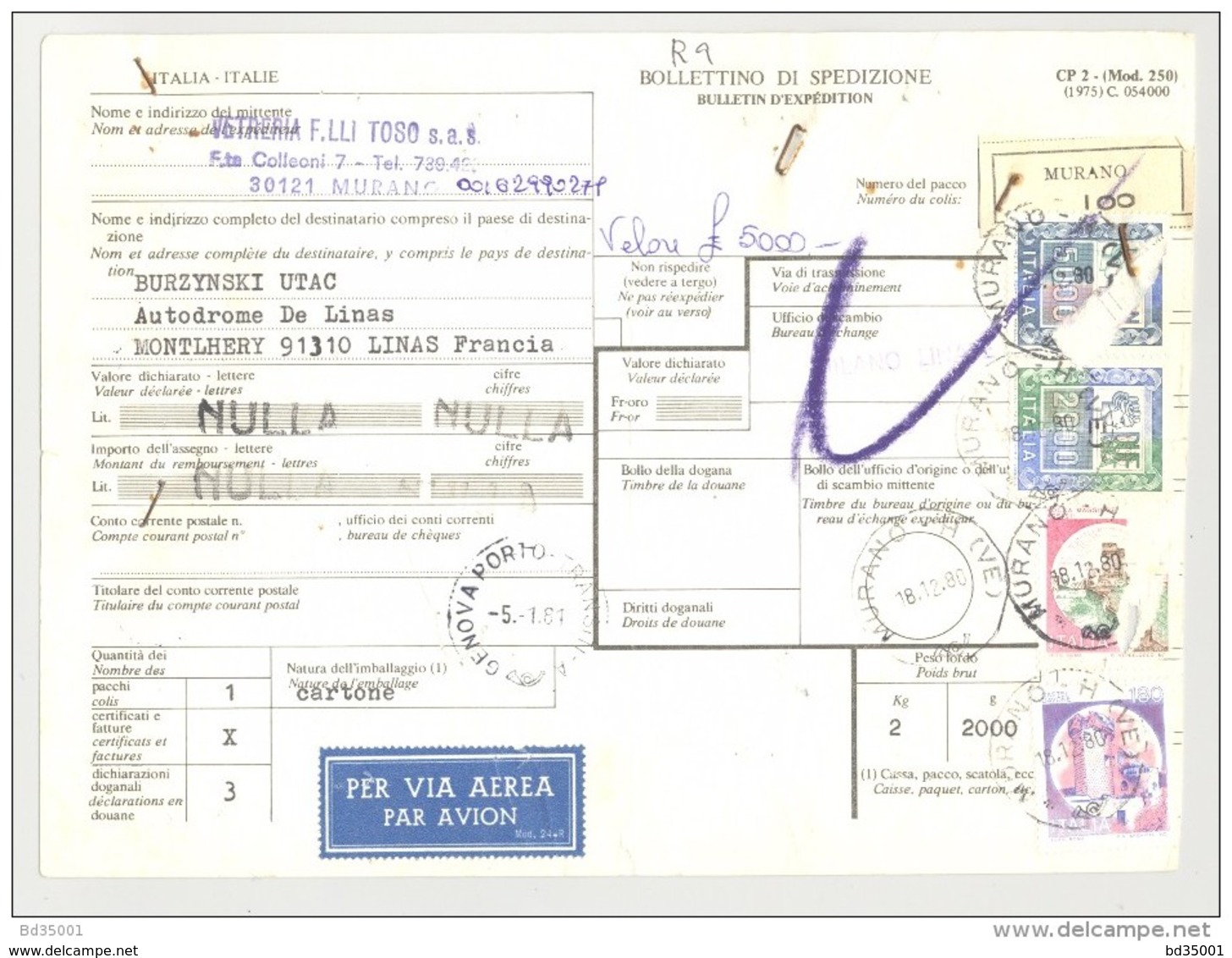 Bulletin D'Expédition - Italie - Cachets MURANO Et GENOVA PORTO TRANSIN - 1981 - Tampon VETRERIA F.LLI TOSO - Colis-postaux