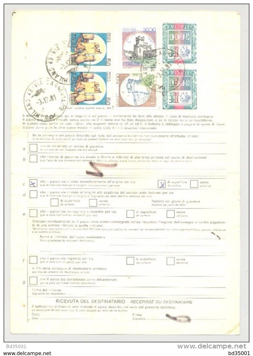 Bulletin D'Expédition - Italie - Cachets Et Vignette Millano (Succursale 49) - 1980 - Tampon Cristallerie LIVELLARA - Colis-postaux
