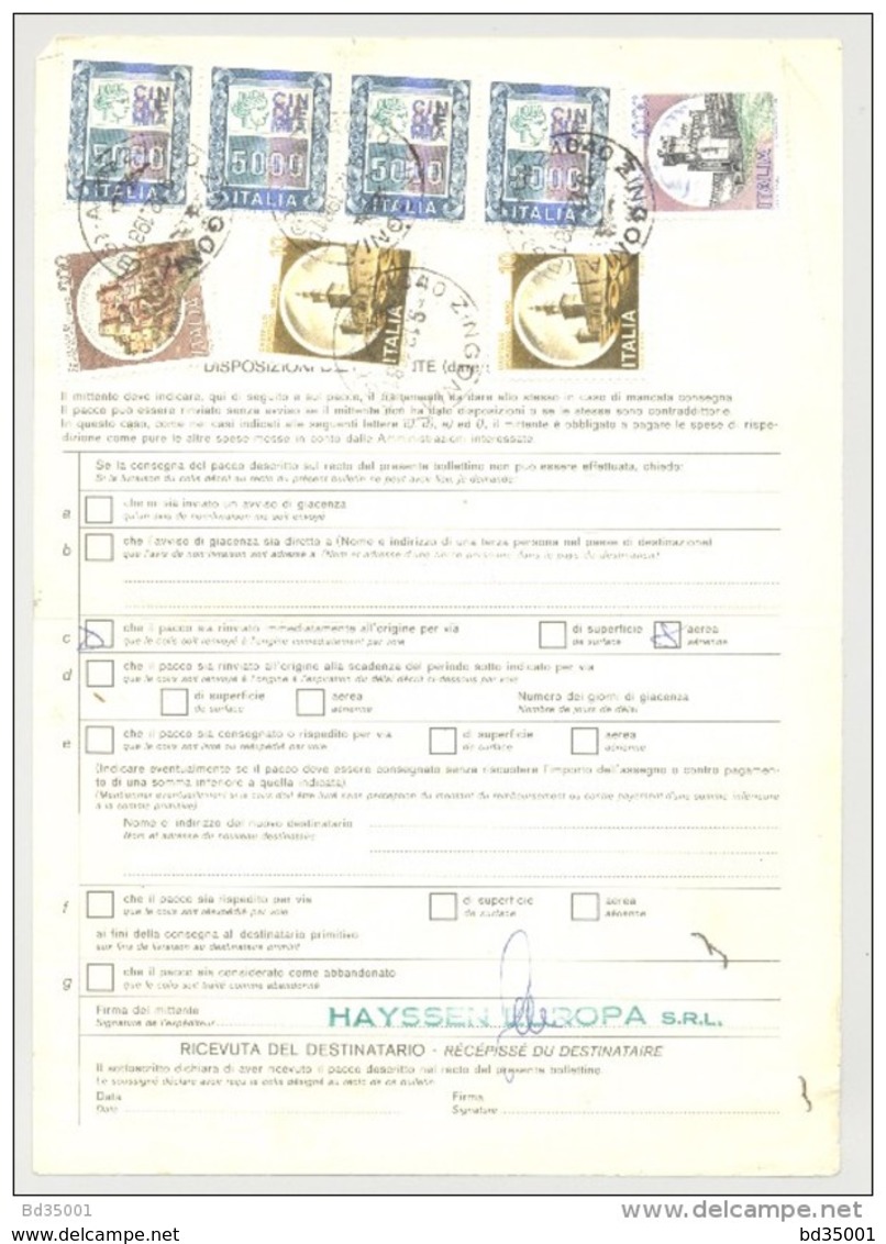 Bulletin D'Expédition - Italie - Cachets Et Vignette ZINGONIA - 1981 - Griffe VIA AERA - Tampon HAYSSEN EUROPA - Colis-postaux