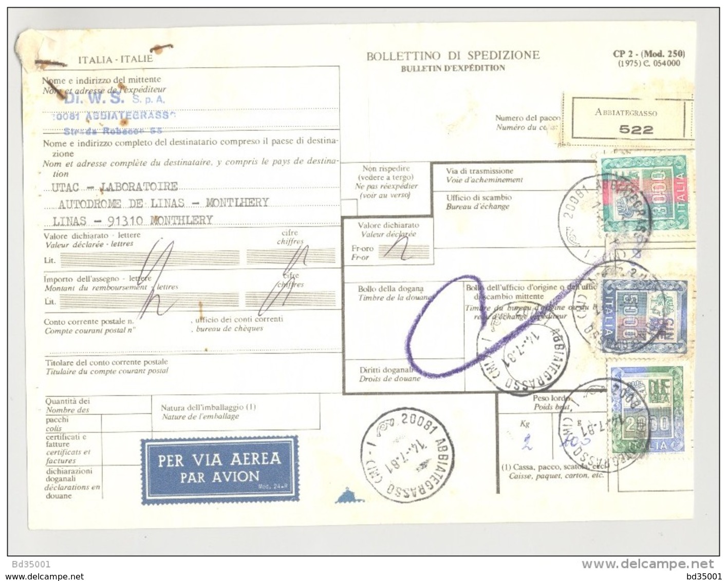 Bulletin D'Expédition - Italie - Cachets Et Vignette ABBIATEGRASSO - 1981 - Timbres-Poste Italia Et Vignette Par Avion - Colis-postaux