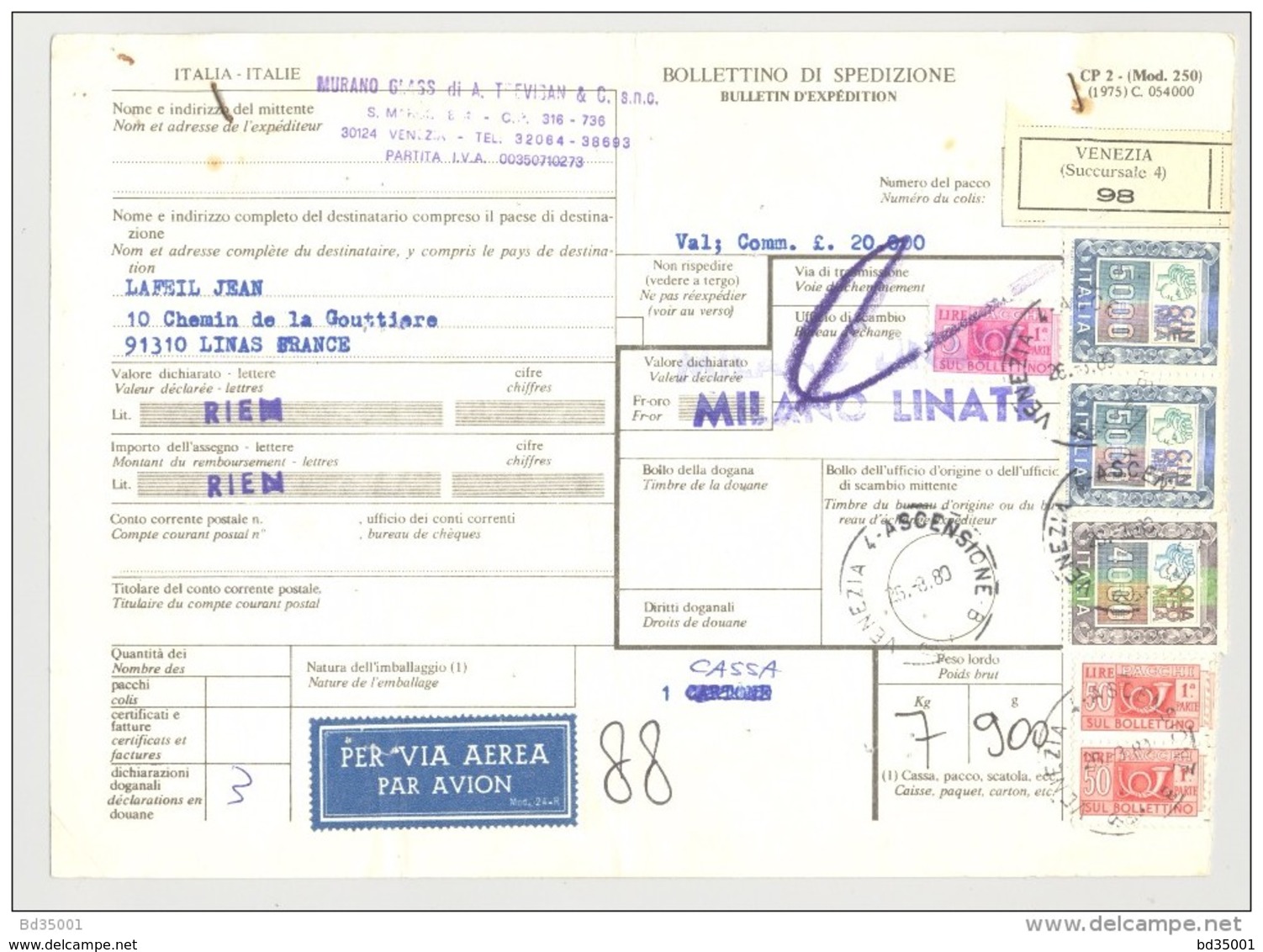 Bulletin D'Expédition - Italie - Cachets Et Vignette VENEZIA - 1980 - Griffes MILANO LINATE Et Griffe RIEN Rectangulaire - Colis-postaux