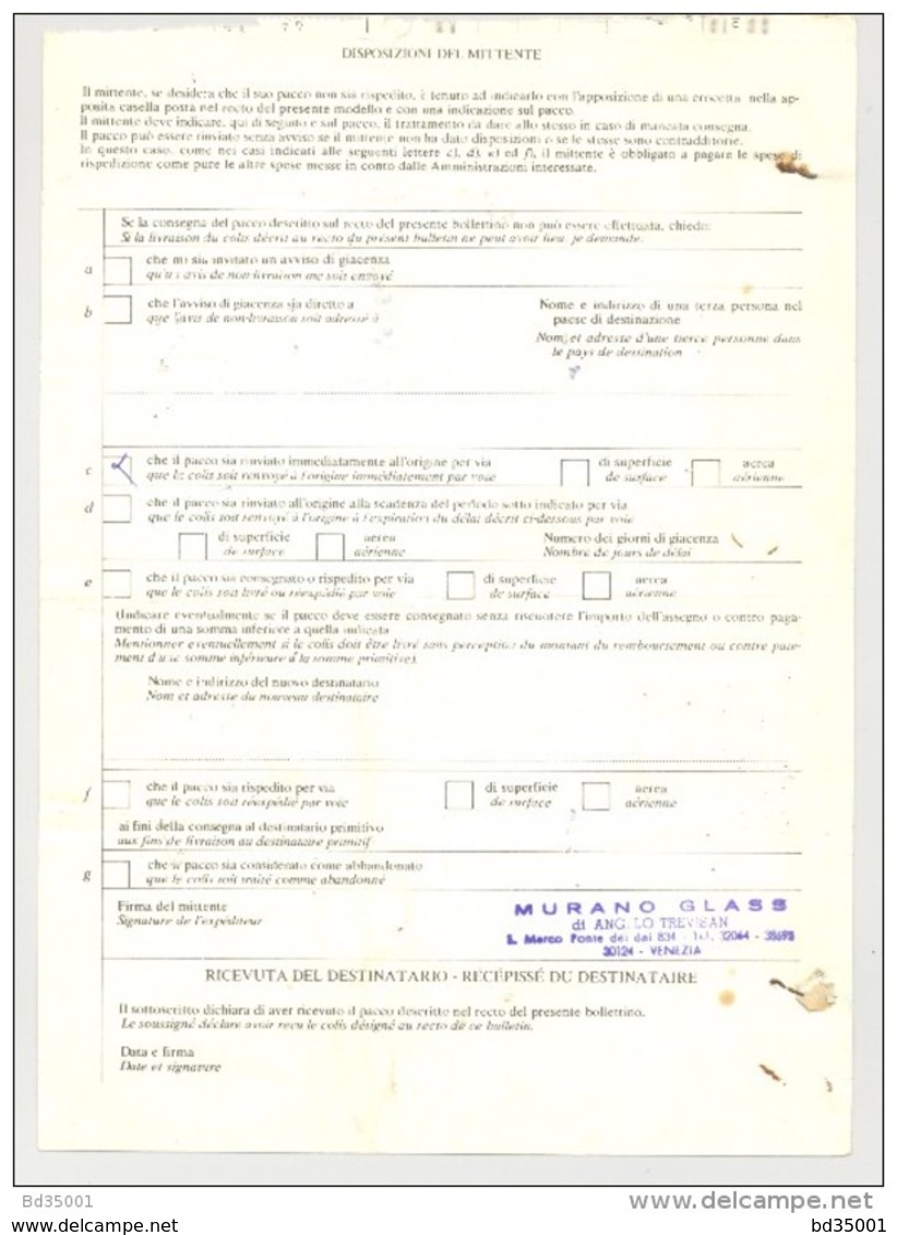 Bulletin D'Expédition - Italie - Cachets Et Vignette VENEZIA - 1980 - Griffes MILANO LINATE Et Griffe RIEN Rectangulaire - Colis-postaux