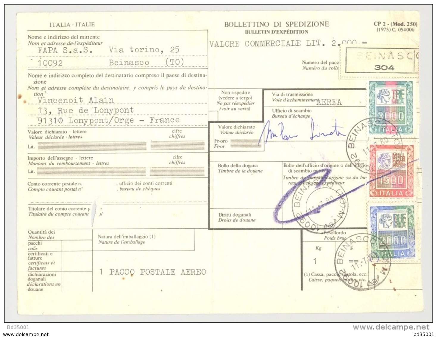 Bulletin D'Expédition - Italie - Cachets Et Vignette BEINASCO - 1980 - Tampon FAPA S.A.S. - Postpaketten
