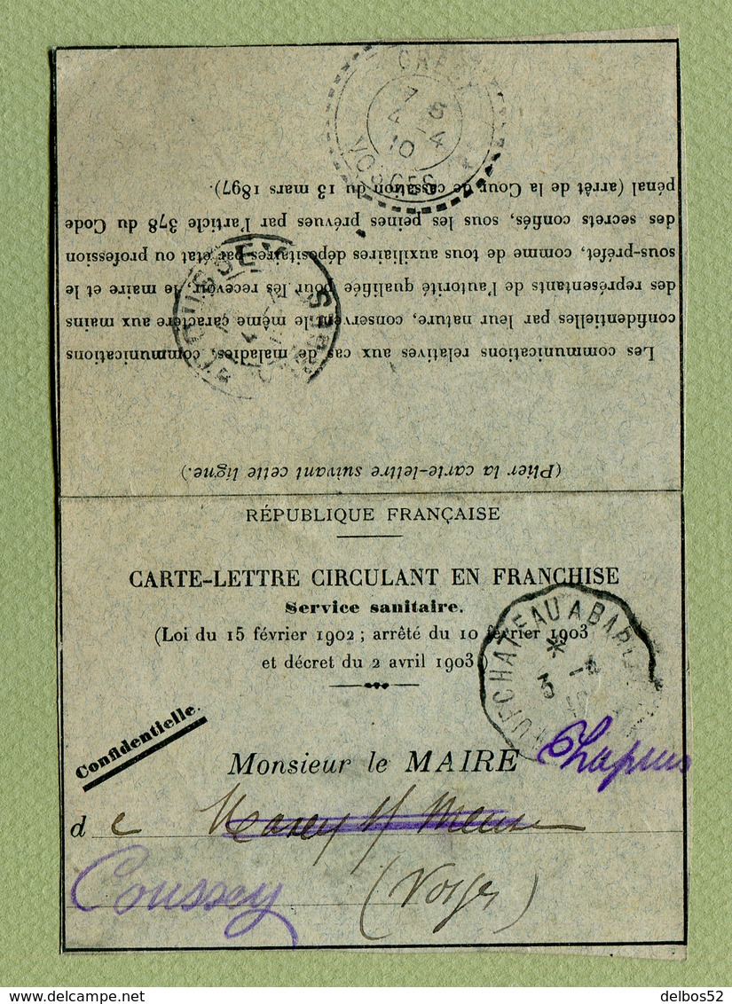 CARTE-LETTRE EN FRANCHISE : SERVICE SANITAIRE  (VOSGES)  1910 - Other & Unclassified