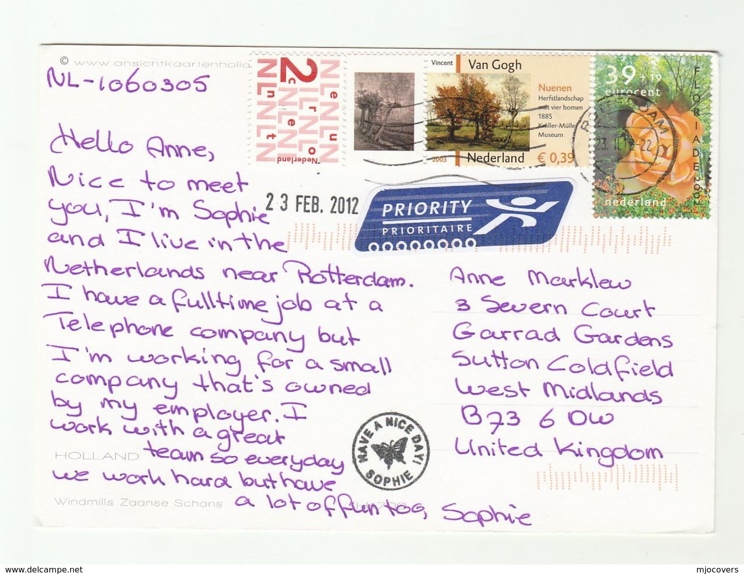 2012 NETHERLANDS Cover VAN GOGH ART  TREE ROSE Flower Stamps (postcard Windmills) To  GB Flowers Roses Trees - Other & Unclassified