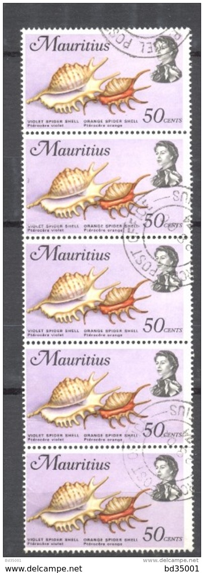 Timbre Oblitéré - Mauritius / Ile Maurice -  Bloc De 5 Timbres Violet Spider Shell Orange Spider Shell - Maurice (1968-...)