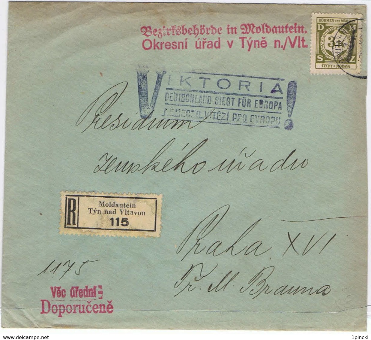 Böhmen&Mähren Dienst R-Brief Mit Victoria Stempel In Violett Ab Moldautein - Lettres & Documents