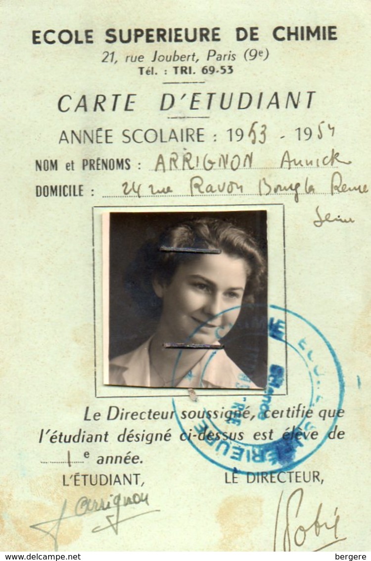 Carte étudiant école Supérieure De Chimie De Paris. 1953.1954. - Diplômes & Bulletins Scolaires