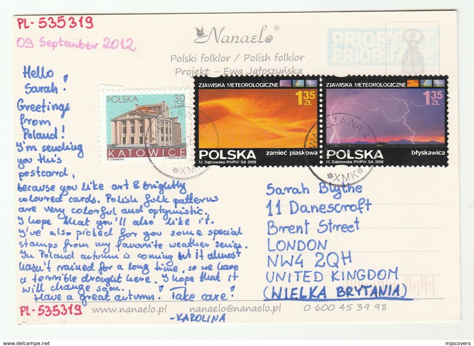 2012 POLAND COVER Multi METEOROLOGY Stamps  (postcard Chicken)  To GB - Klimaat & Meteorologie