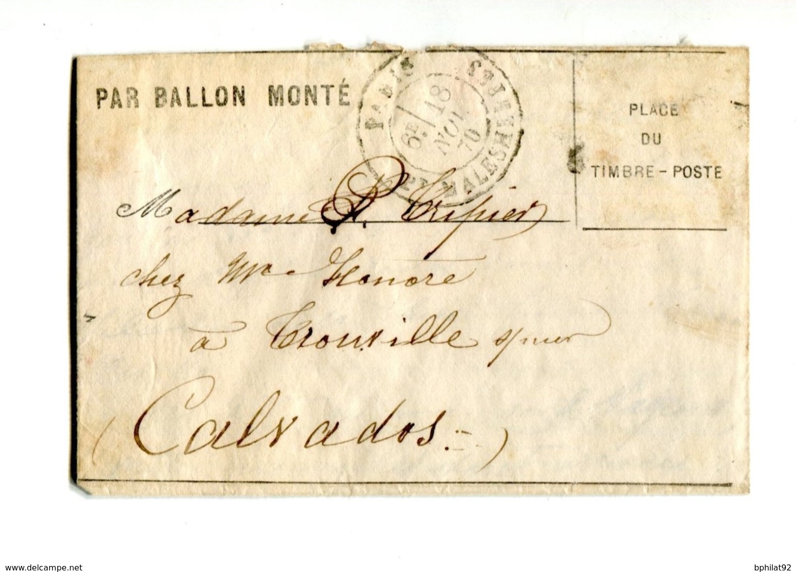 !!! BALLON MONTE LE GENERAL ULRICH POUR TROUVILLE. TIMBRE MANQUANT. TEXTE A L'INTERIEUR ET CERTIFICAT CALVES - Guerre De 1870