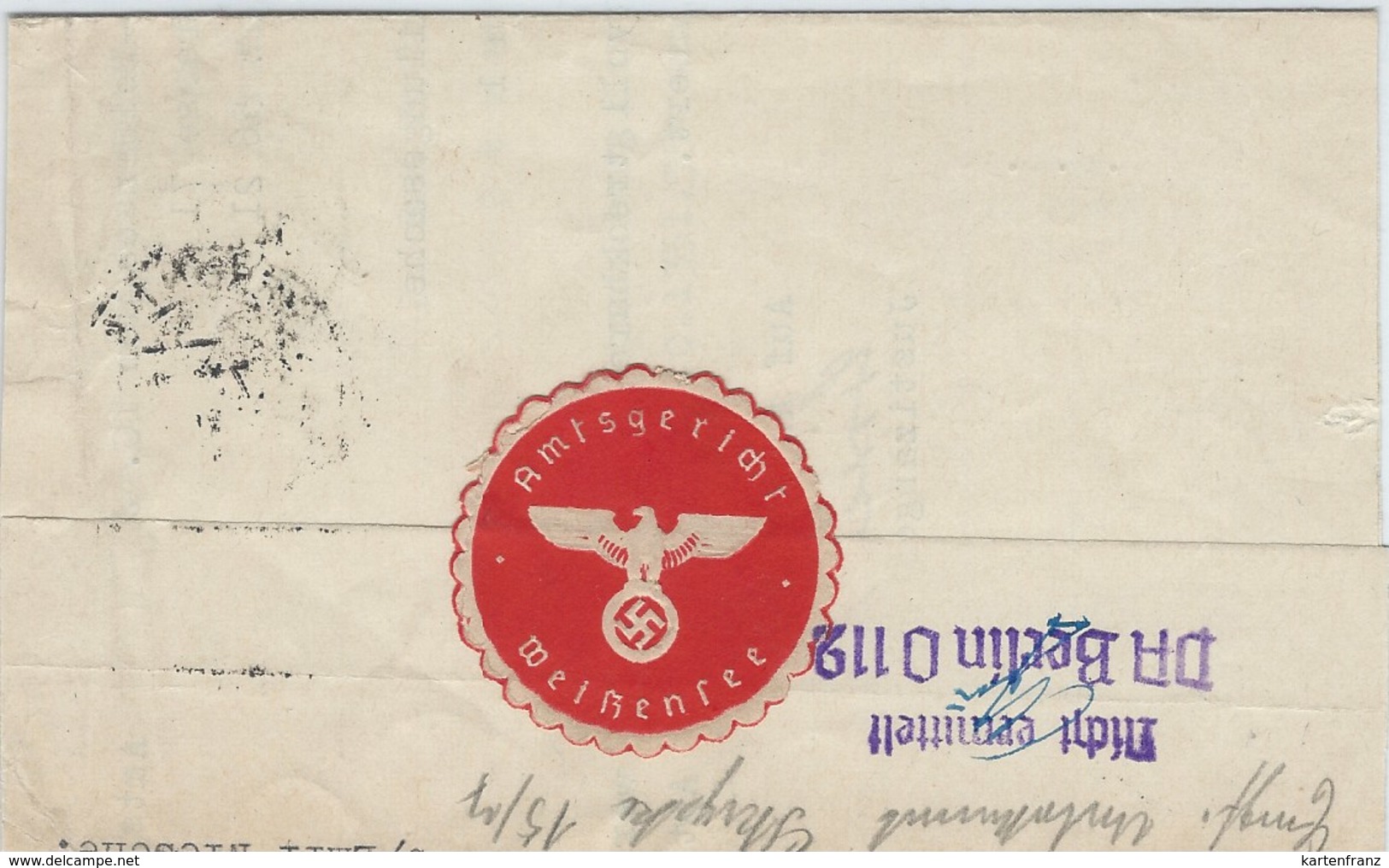 Beleg Brief DR Deutsches Reich - O 1941 Amtsgericht Weissensee - Zurück ! Nicht Ermittelt ! - Siegelmarke Siegel - Lettres & Documents